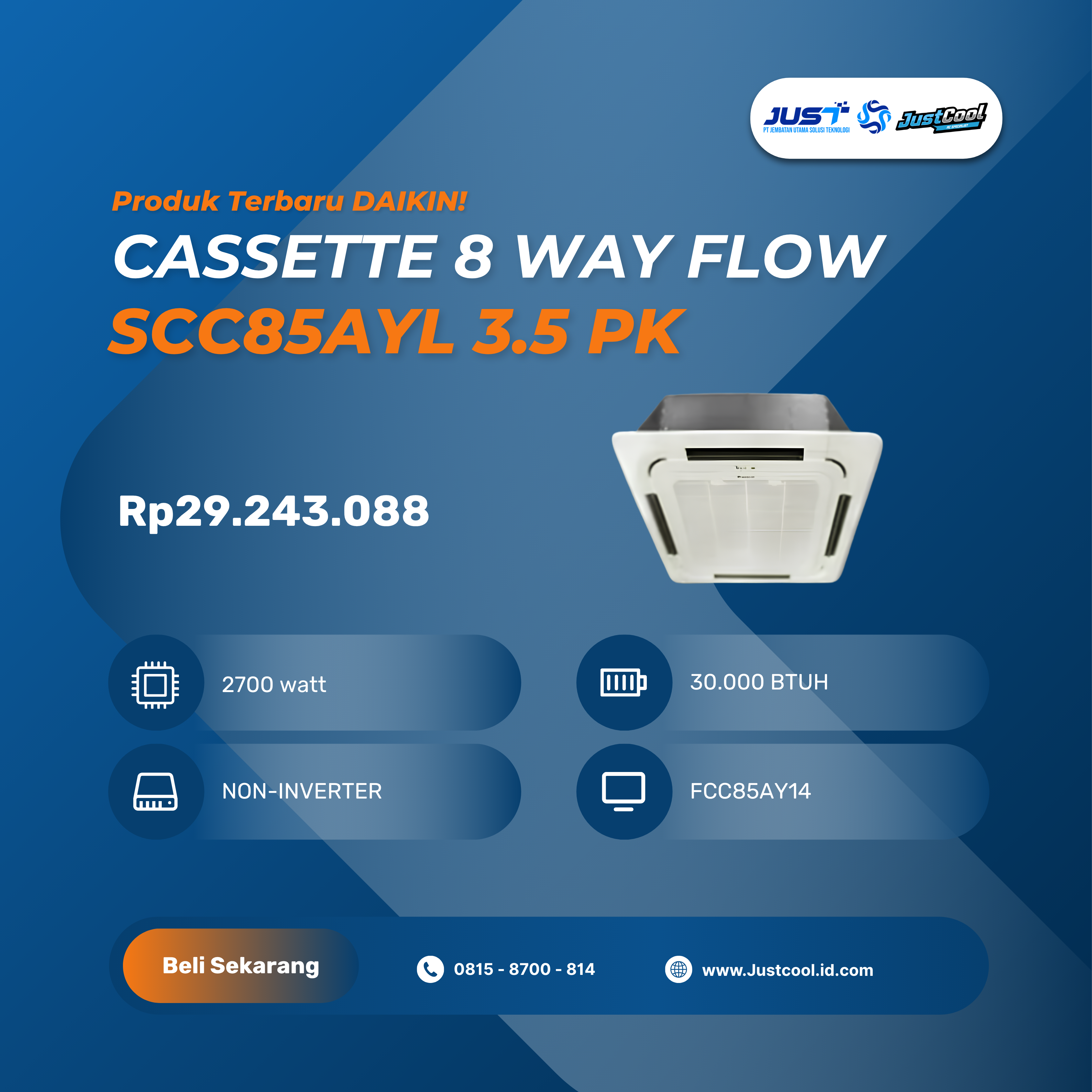 Daikin Cassette 8 Way Flow SCC85AYL 3.5 PK