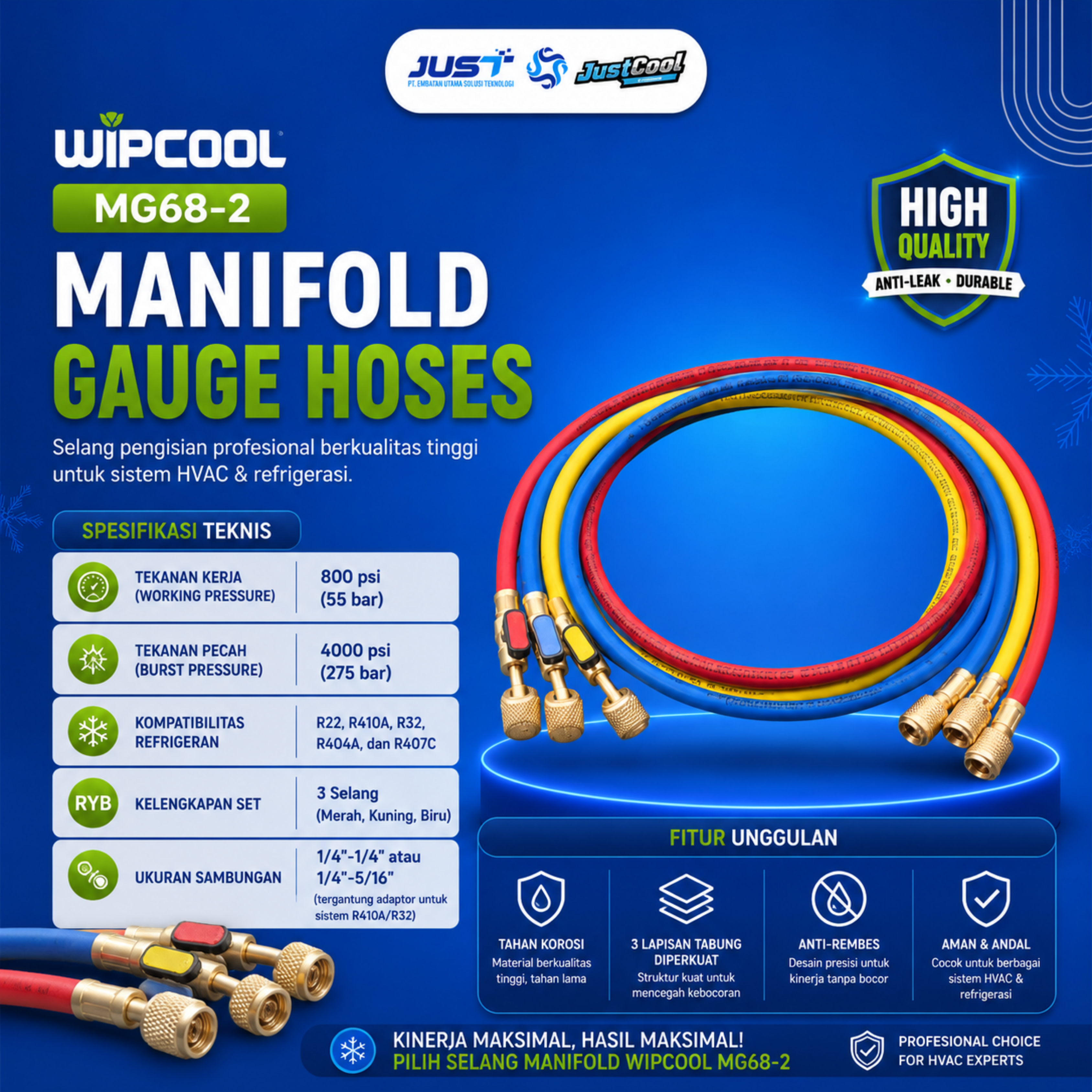 Wipcool Manifold Gauge Hoses - Model MG68-2 2