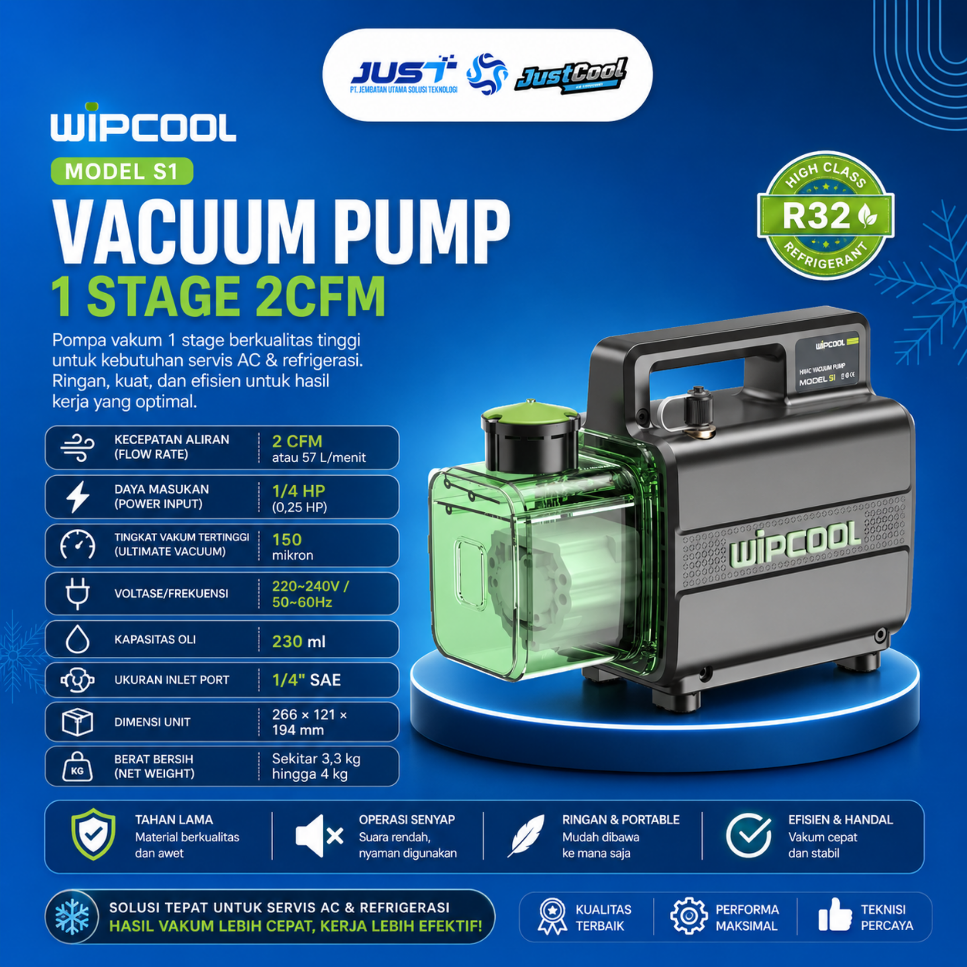 Wipcool Vacuum Pump 1 Stage 2CFM-Model S1 2