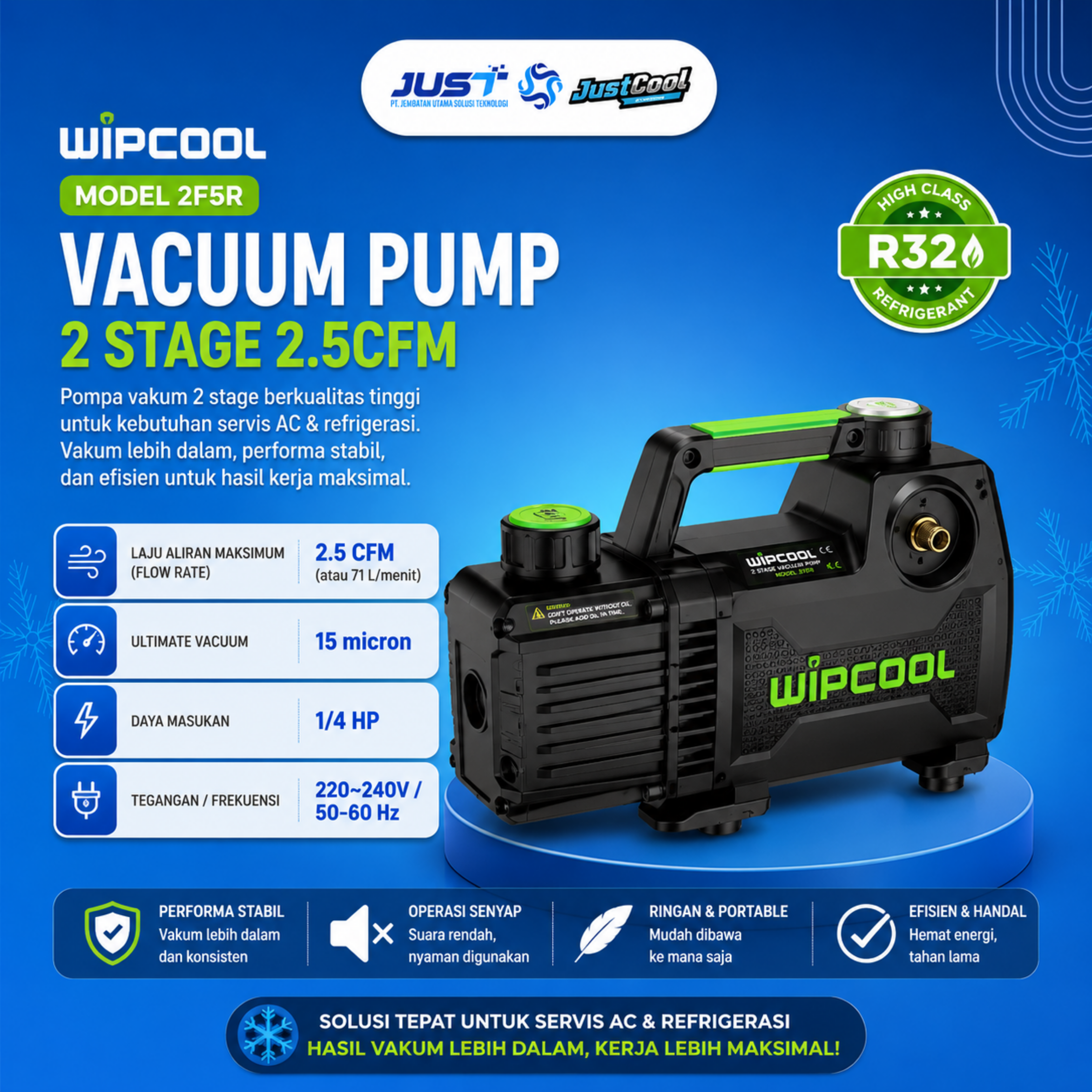 Wipcool Vacuum Pump 2 Stage 2.5CFM - Model 2F1R 2
