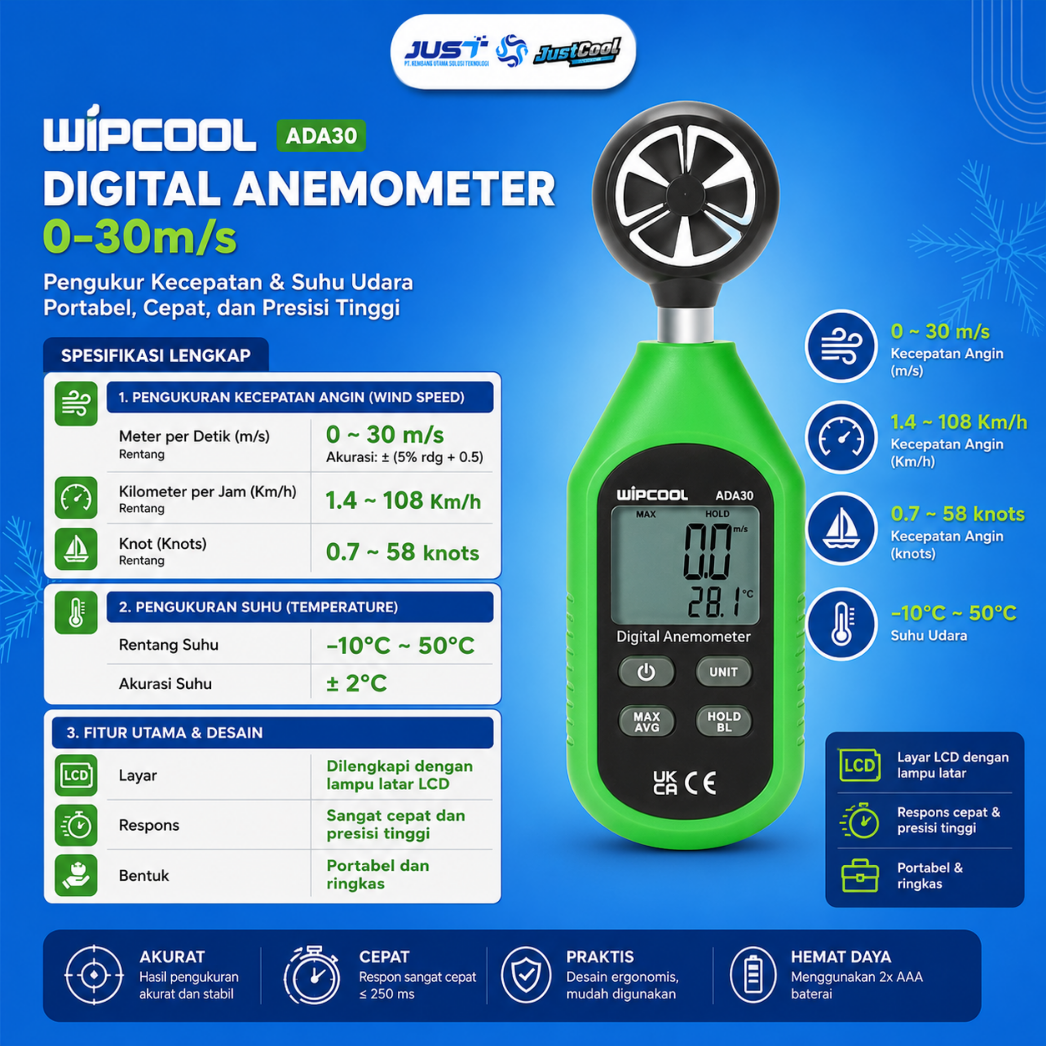 Wipcool Digital Anemometer 0-30m/s - Model ADA-30 2