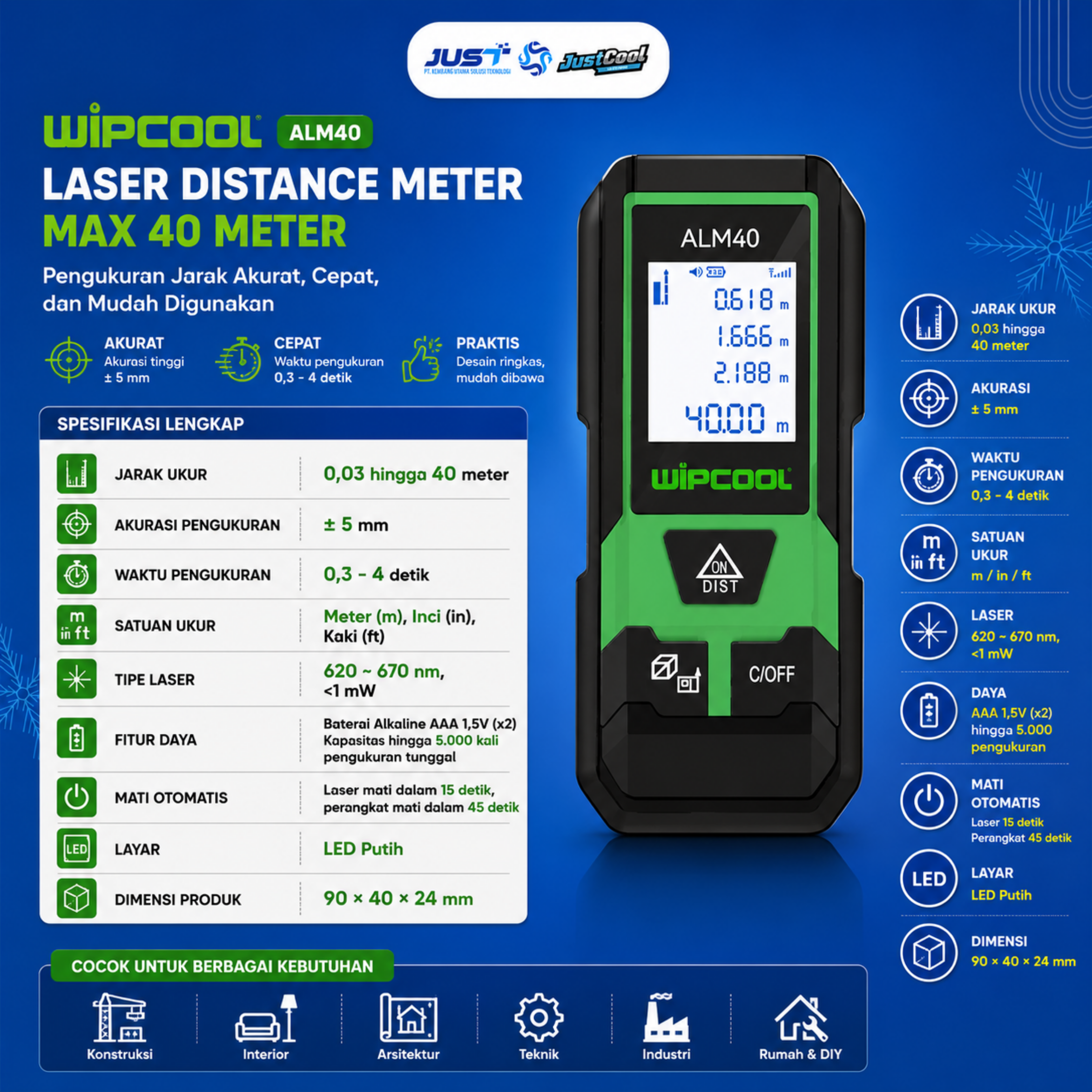 Wipcool Laser Distance Meter Max 40m - Model ALM40 2